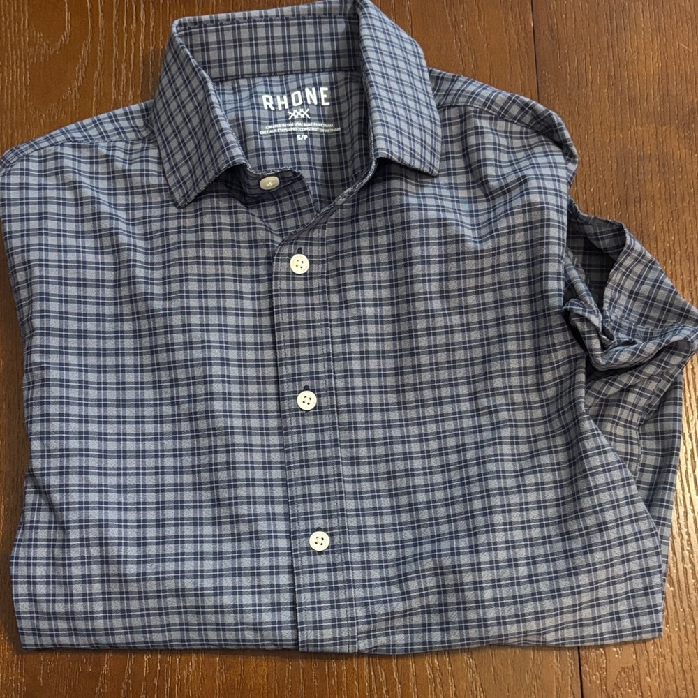RHONE Men’s Navy and Light Blue Plaid Button-Down Shirt